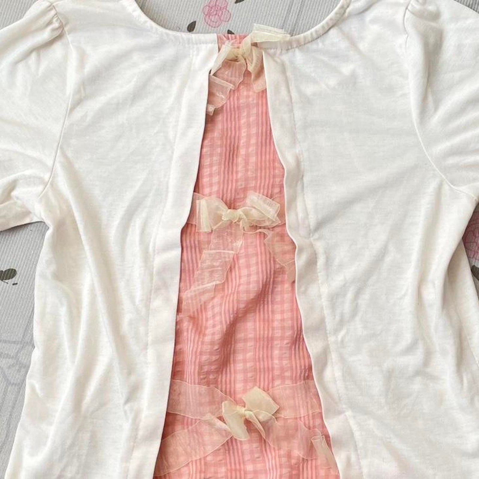 Axes Femme white and pink frill-back top with bow accents5