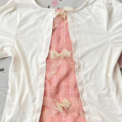 Axes Femme white and pink frill-back top with bow accents5