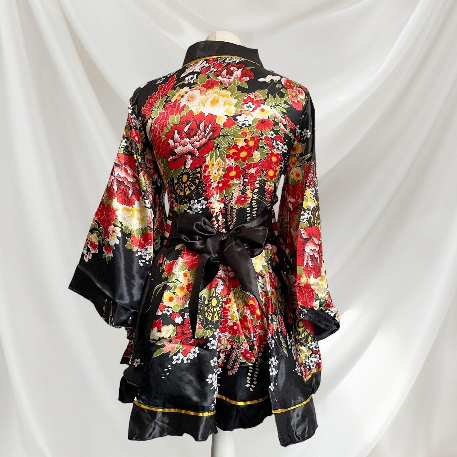 Japanese floral kimono Halloween costume with black socks and holding fan3