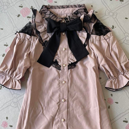 Japanese Brand Lamcy romantic cut-out lace blouse with bow2