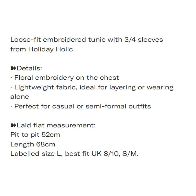 Loose-fit embroidered tunic with 3/4 sleeves from Holiday Holic fits S-M5