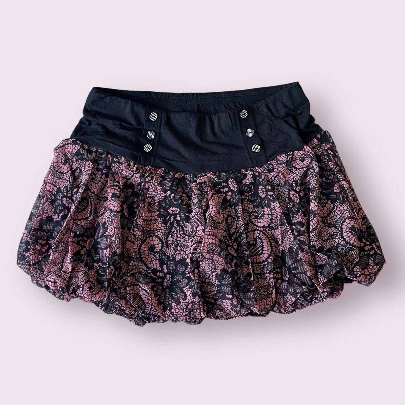 Vintage pink and black paisley print shorts with elastic waistband0