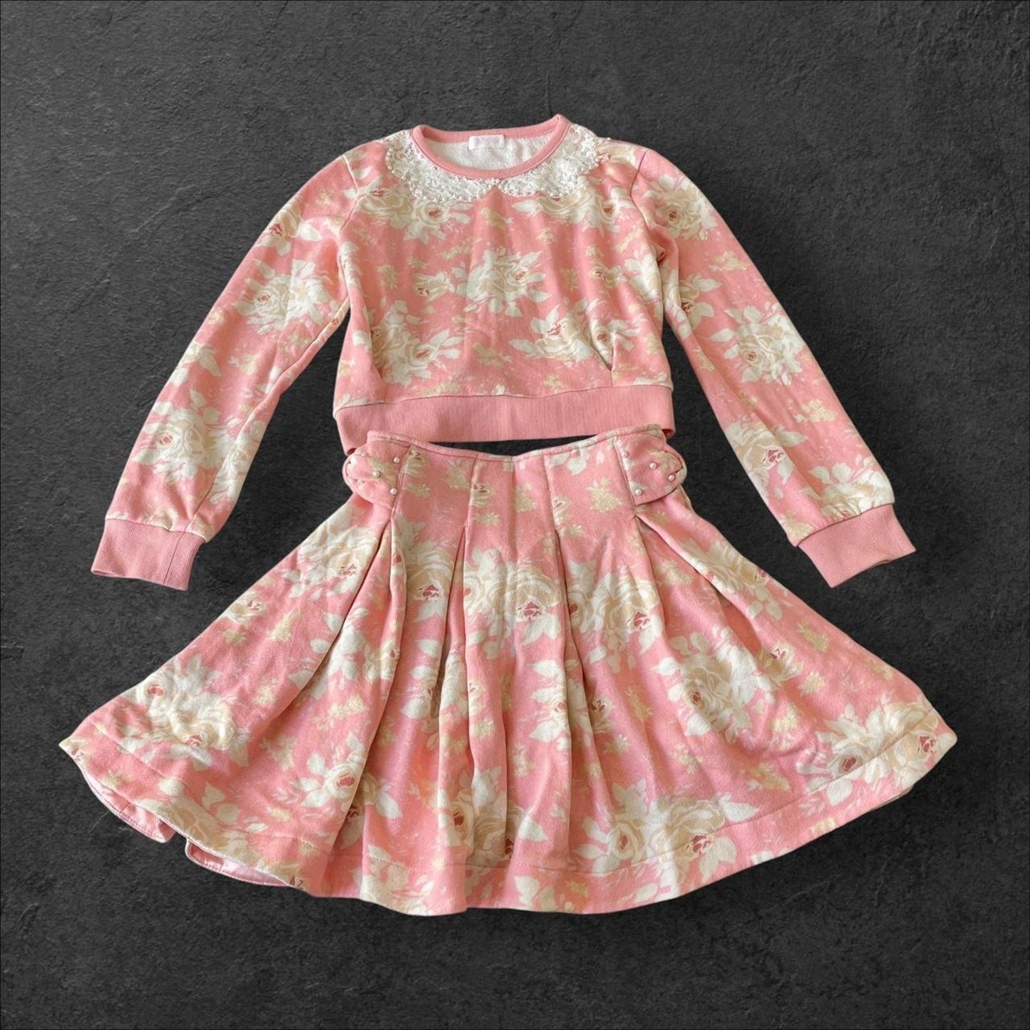 Liz Lisa floral jacquard cropped top & pleated high-waist skirt set0