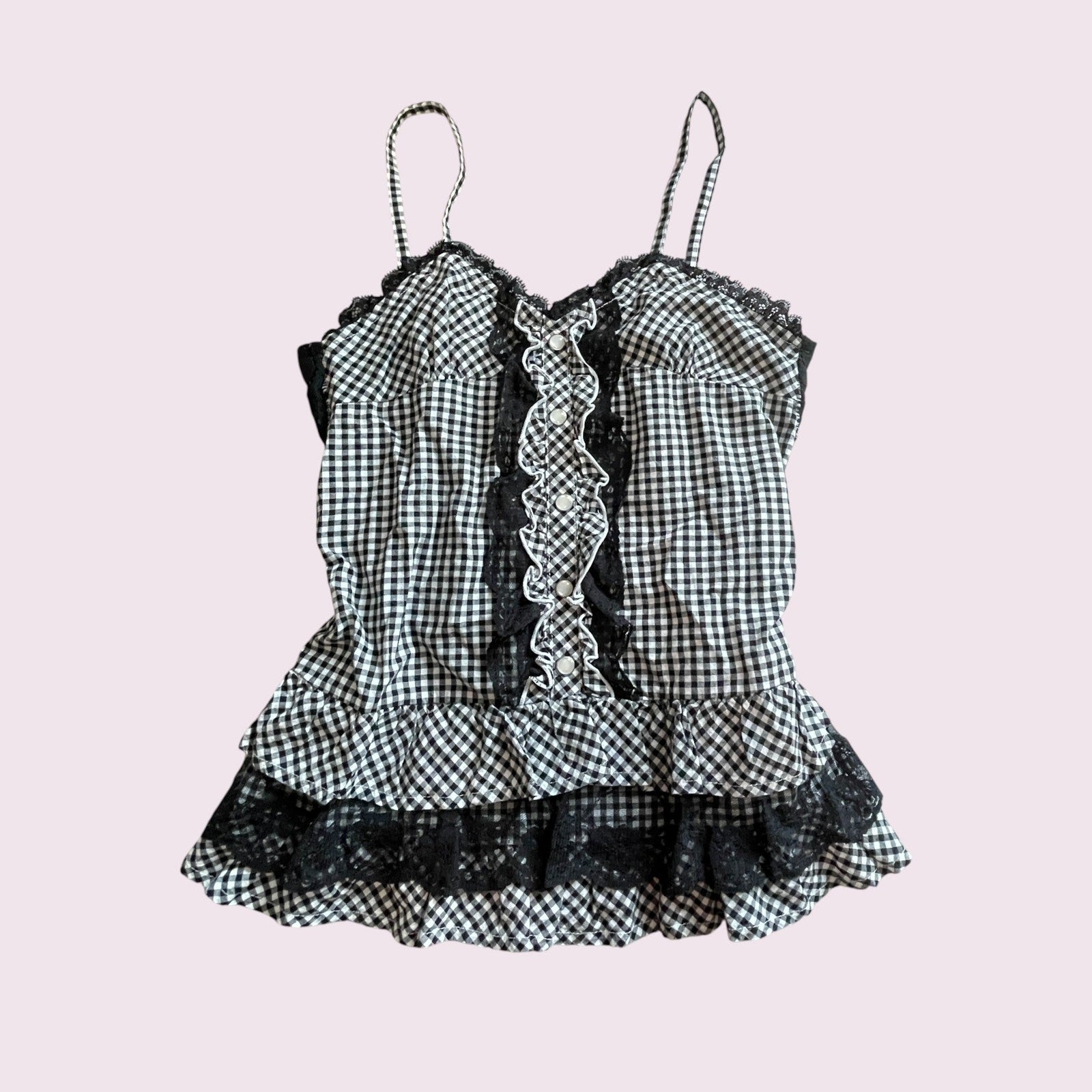 Gingham checkered lace-trim vintage cami top0