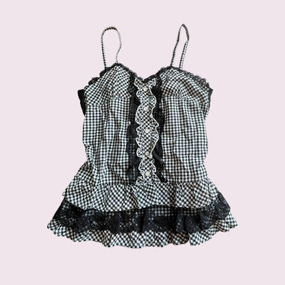 Gingham checkered lace-trim vintage cami top0