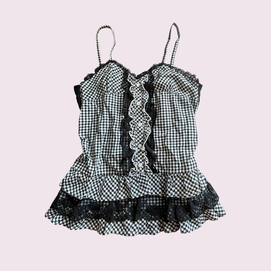 Gingham checkered lace-trim vintage cami top0