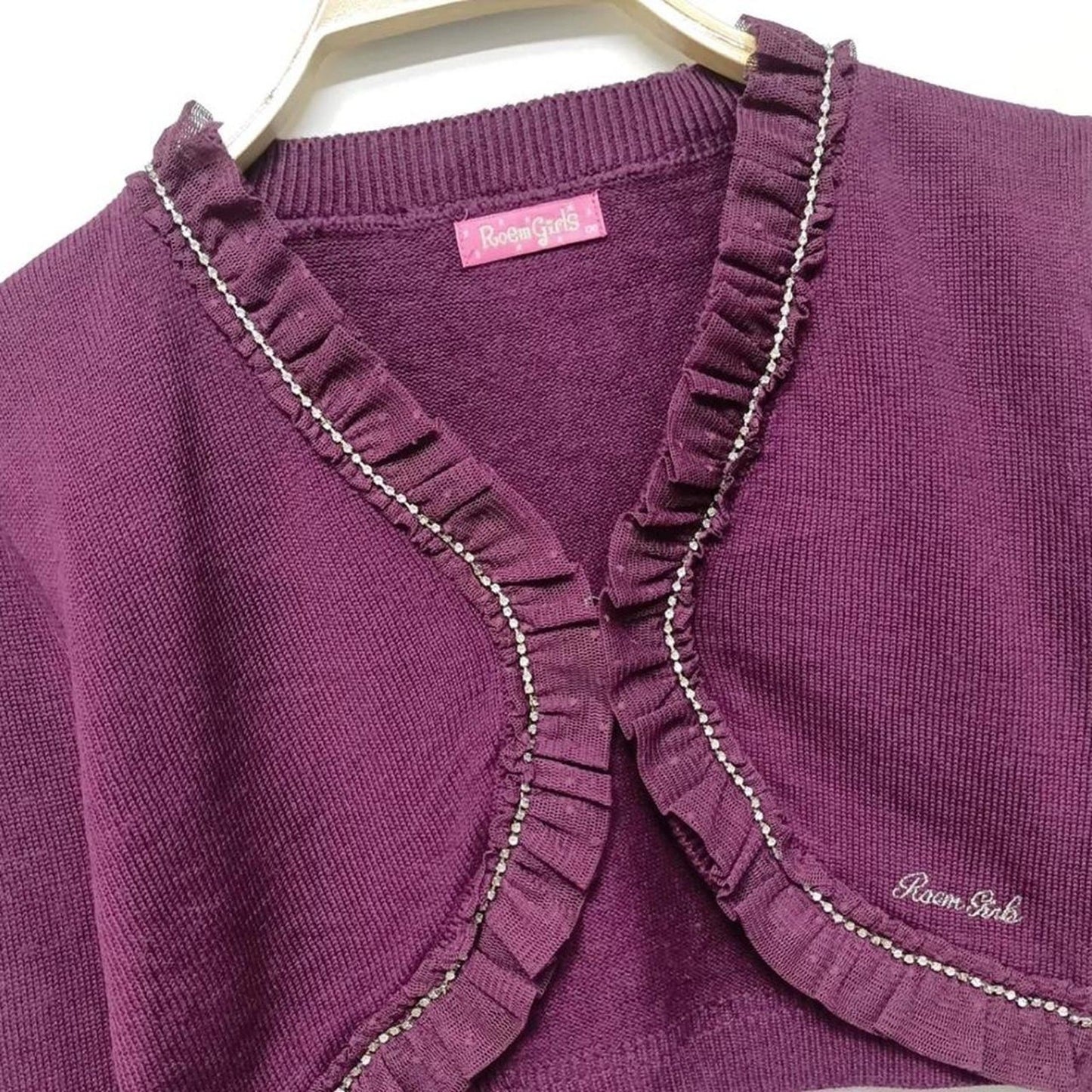 Vintage Korean ruffle trim cropped cardigan in wine red1