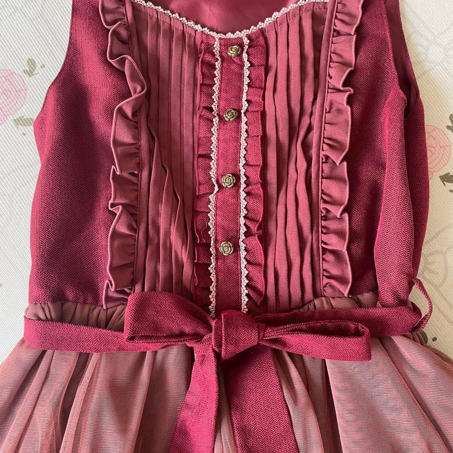 Axes Femme dusty rose and burgundy layered dress with ribbon belt3