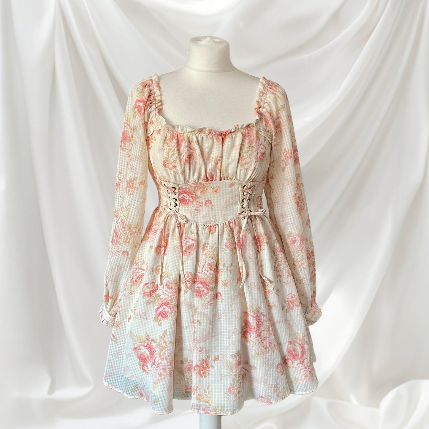 Liz Lisa Pink Rose Floral Corset Dress Lace Up Long Sleeve0