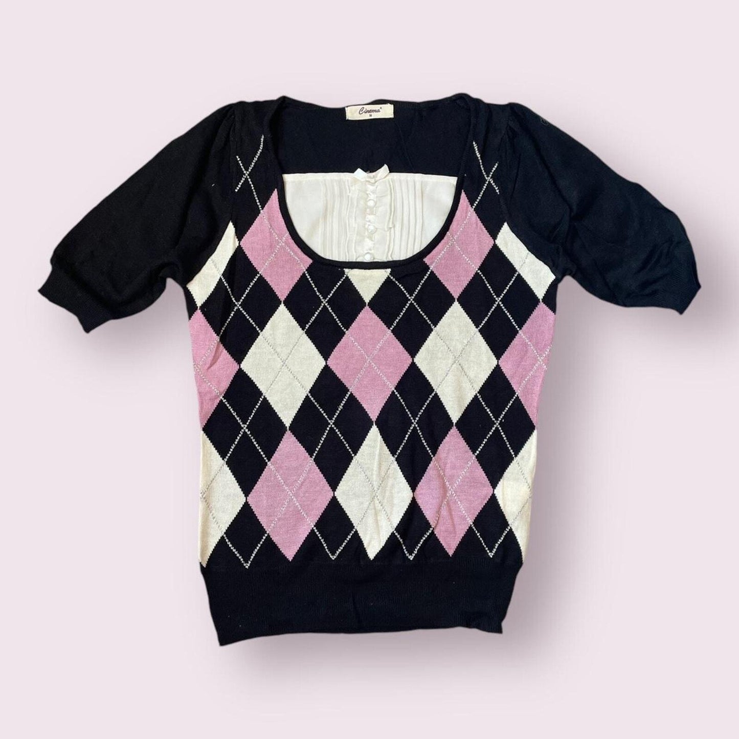 Vintage Japanese l argyle knit top with bow and button detail0