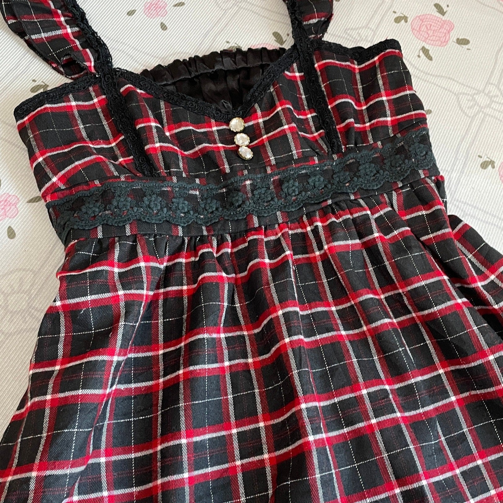 Liz Lisa Doll Plaid Dress – Black × Red Check, Lace Trim, Sweet Girly Jfashion4