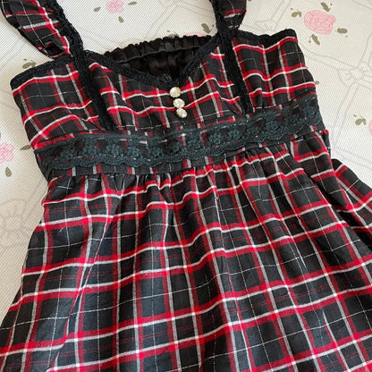 Liz Lisa Doll Plaid Dress – Black × Red Check, Lace Trim, Sweet Girly Jfashion4