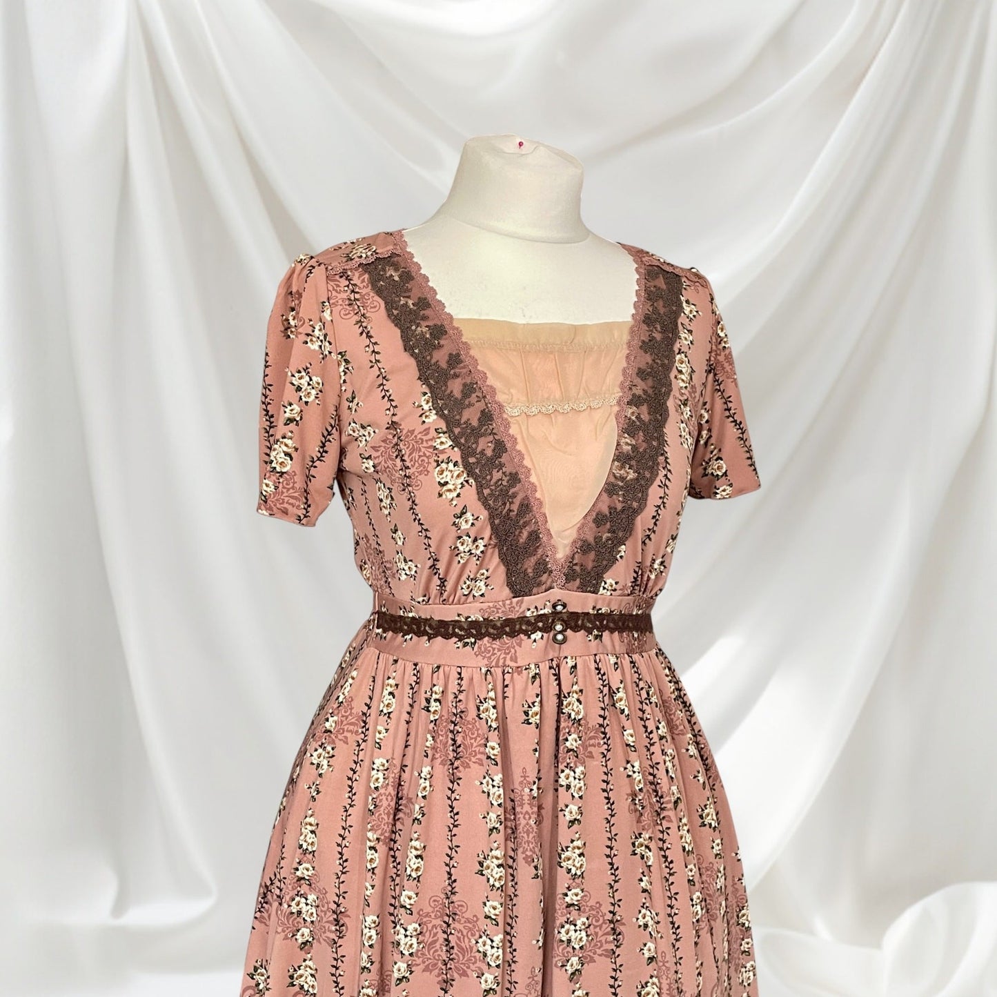 Axes Femme Dusty Pink Floral Dress VNeck Lace Kawaii Mori Kei1