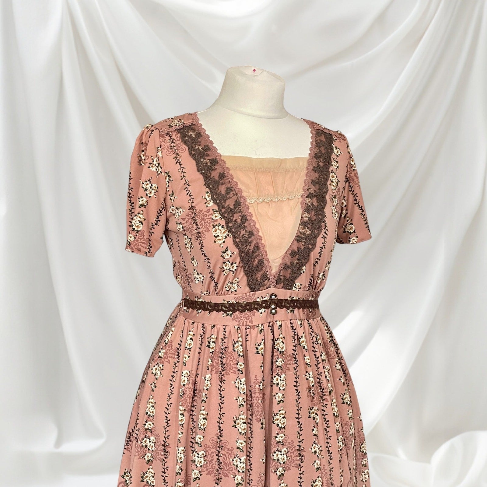 Axes Femme Dusty Pink Floral Dress VNeck Lace Kawaii Mori Kei1