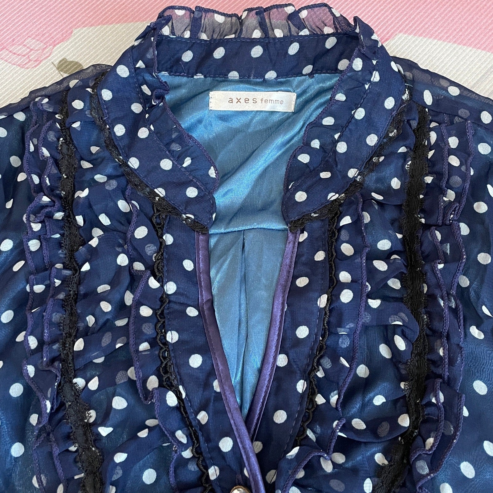 Axes Femme Navy Polka Dot Dress – Ruffle Trim, Sheer Layer, Jfashion Vintage4