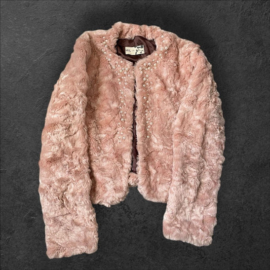 Soft pink faux fur jacket with pearl details from Japanese brand MIL0