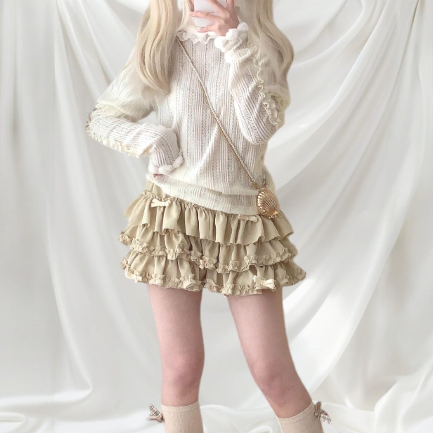 Beige ruffle tiered mini skirt/skort with bow details4
