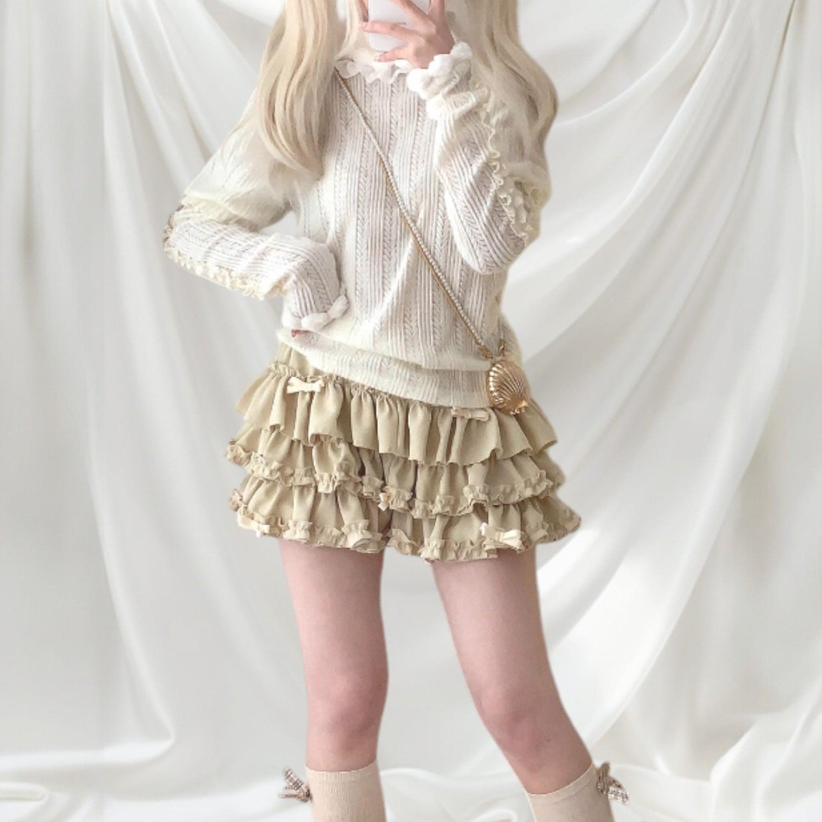 Beige ruffle tiered mini skirt/skort with bow details4