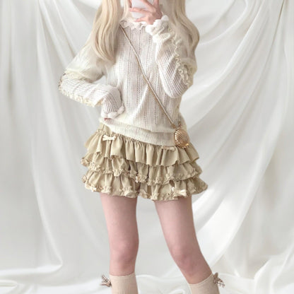 Beige ruffle tiered mini skirt/skort with bow details4