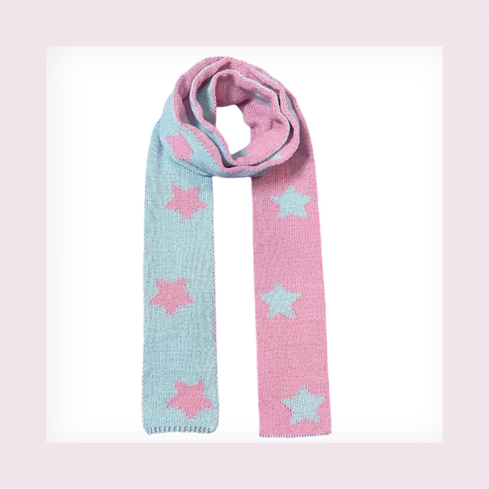 Stars skinny scarf pastel star knit scarf Mint blue & Pink 9 cm * 190 cm0
