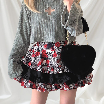 Layered cake skirt/skort with skeleton and rose pattern jfashion kawaii2