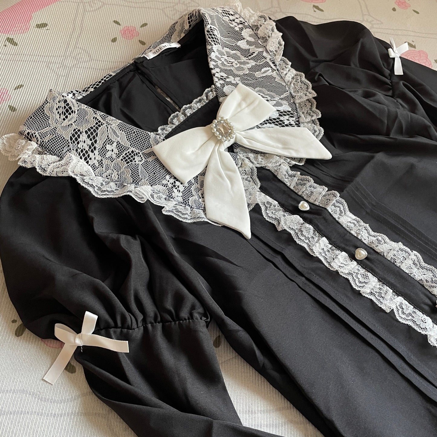 Noémie Black Lace Blouse with Satin Bow & Pearl Button Details2