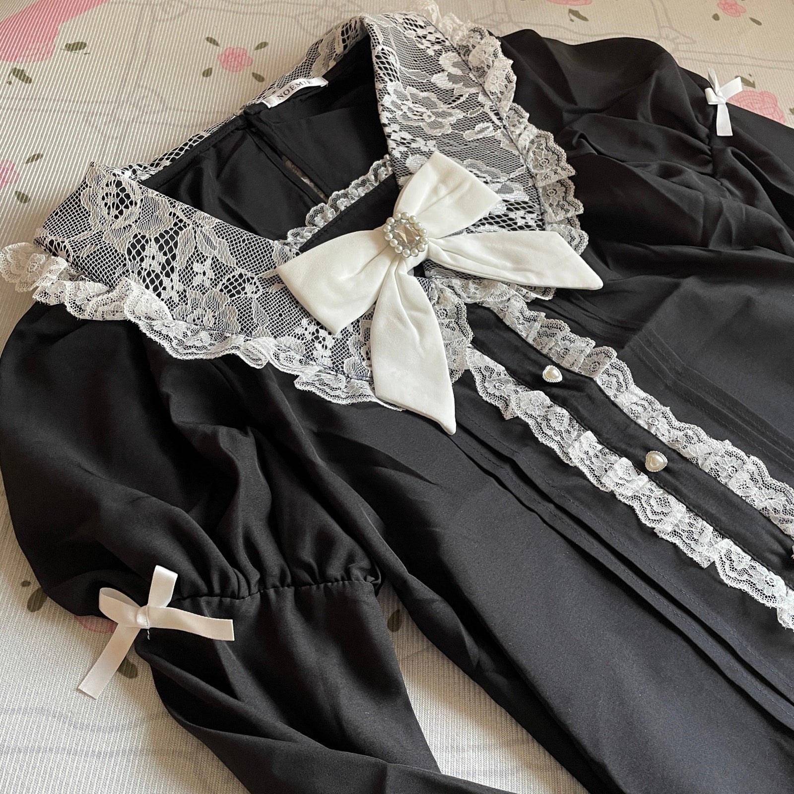 Noémie Black Lace Blouse with Satin Bow & Pearl Button Details2