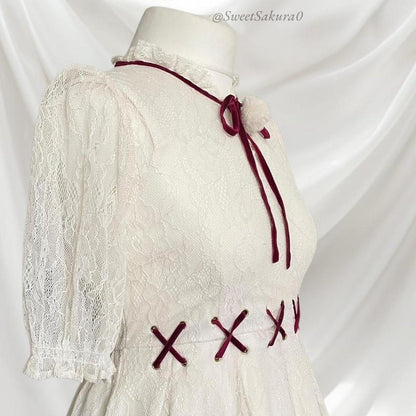 Liz Lisa sweet classic lolita lace dress with wine red accents3