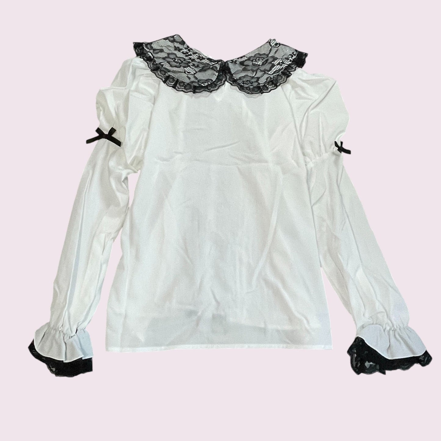 Noemie White Lace Blouse with Satin Bow & Pearl Button Details2