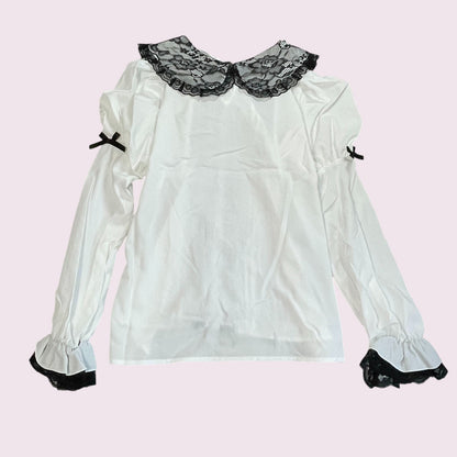 Noemie White Lace Blouse with Satin Bow & Pearl Button Details2