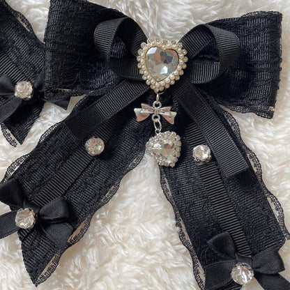 Jirai Kei black lace jewel bow clips - heart charm lolita accessory pair3