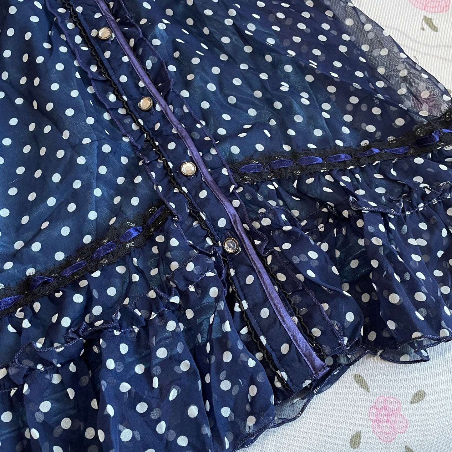 Axes Femme Navy Polka Dot Dress – Ruffle Trim, Sheer Layer, Jfashion Vintage2