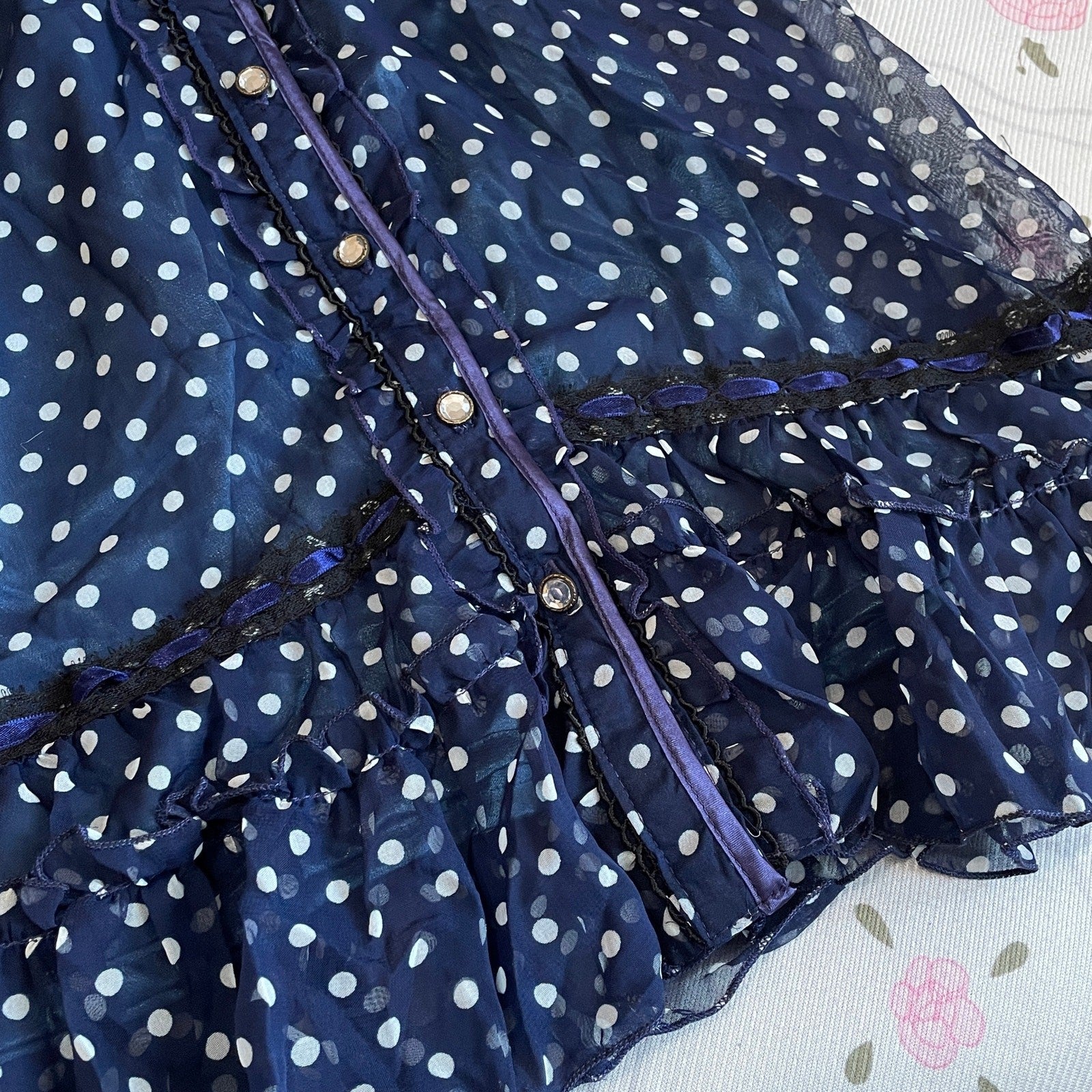 Axes Femme Navy Polka Dot Dress – Ruffle Trim, Sheer Layer, Jfashion Vintage2