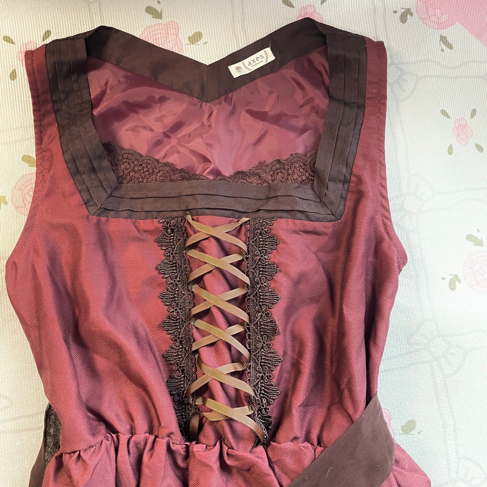 Axes Femme Burgundy Floral Corset Dress Lace Up Retro3