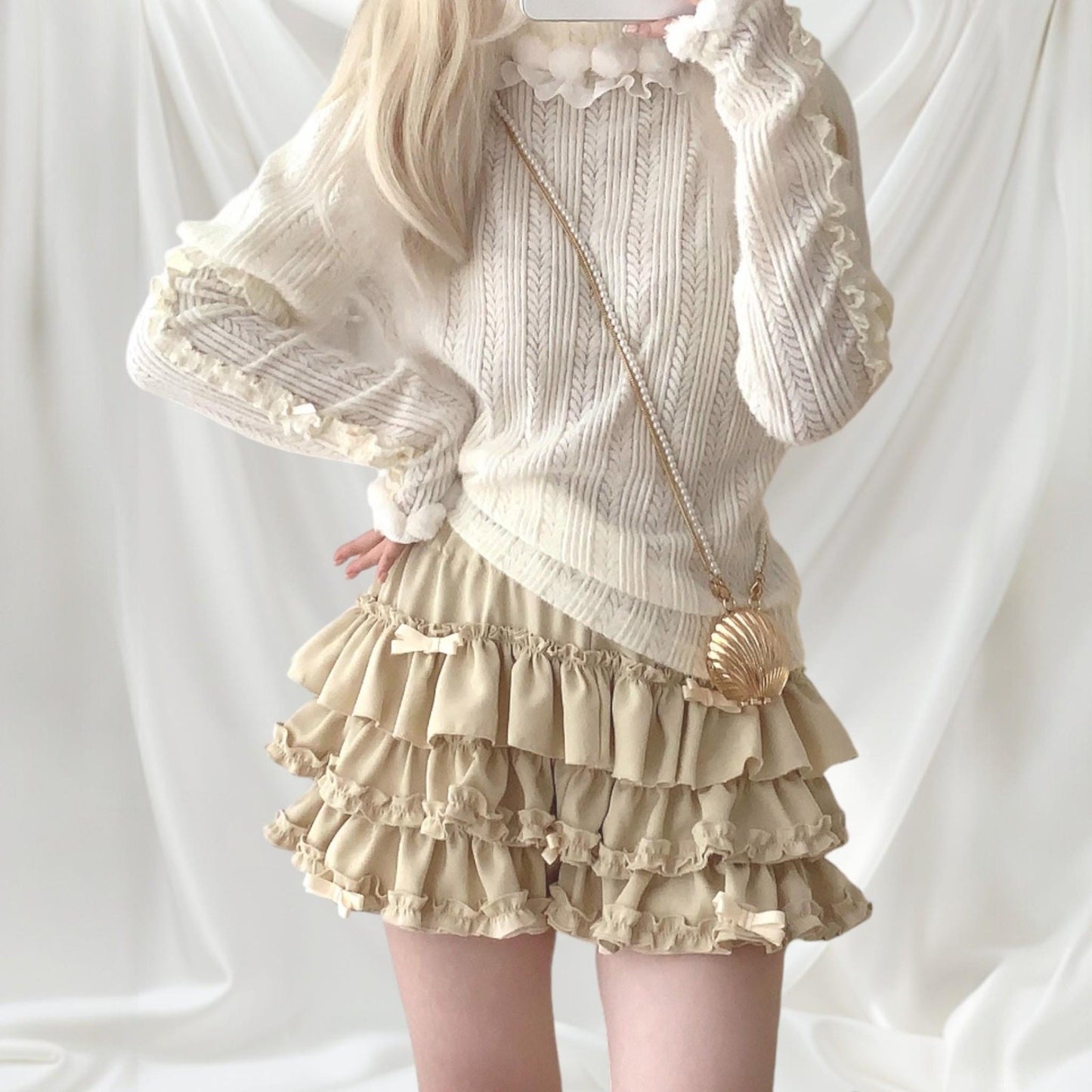 Beige ruffle tiered mini skirt/skort with bow details1