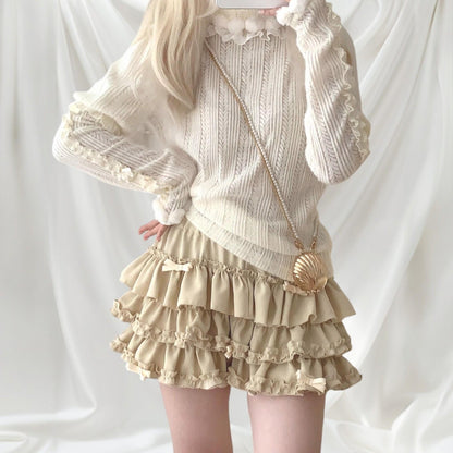 Beige ruffle tiered mini skirt/skort with bow details1