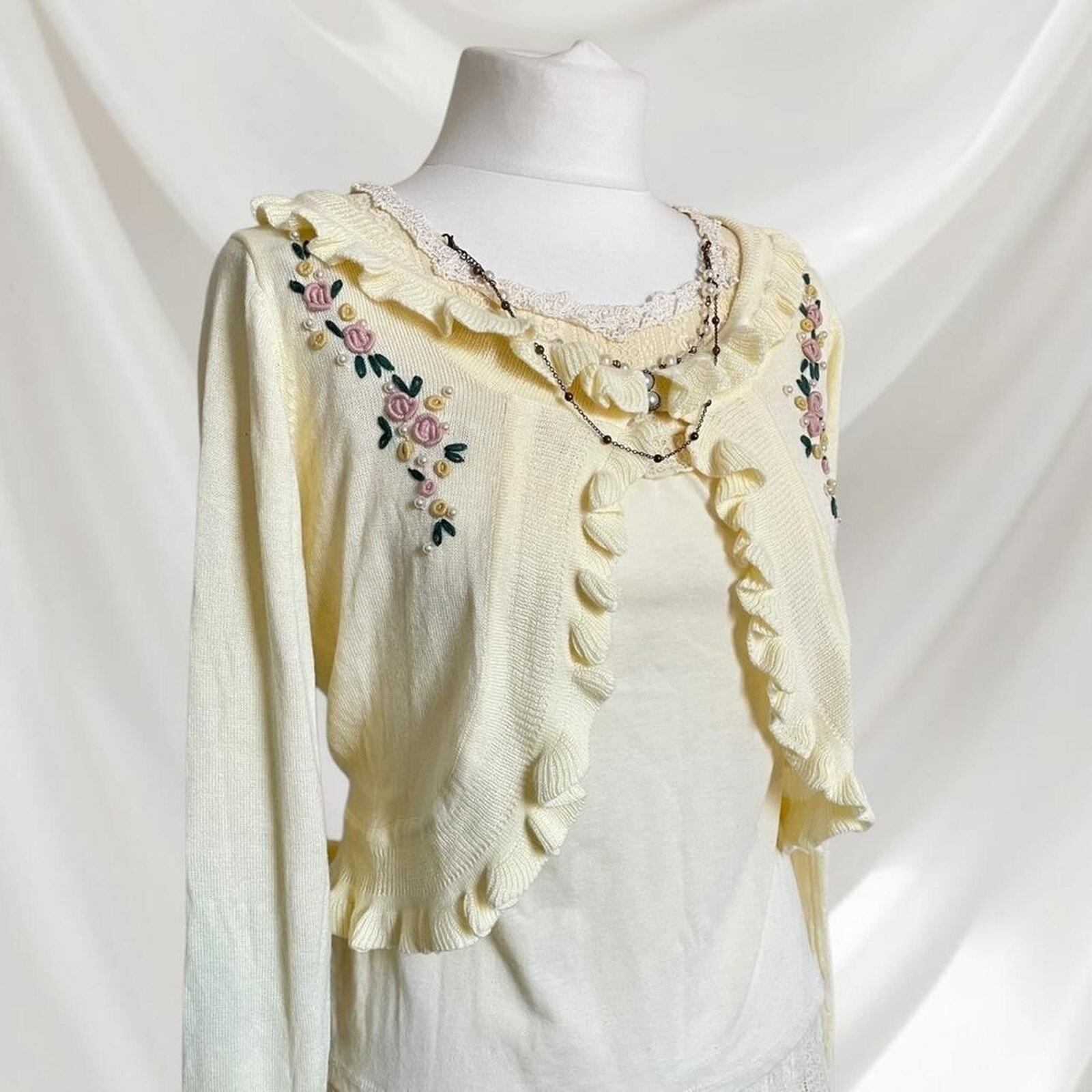 Axes Femme embroidered knit cardigan with ruffle trim rare piece1