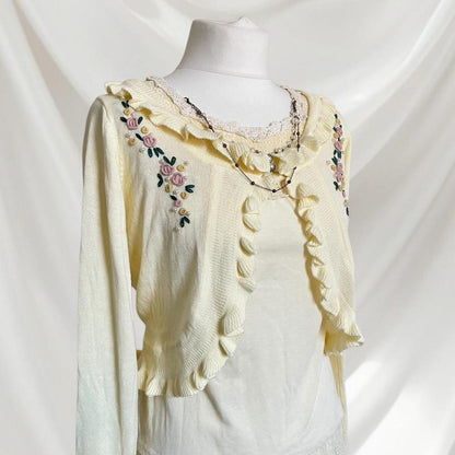 Axes Femme embroidered knit cardigan with ruffle trim rare piece1