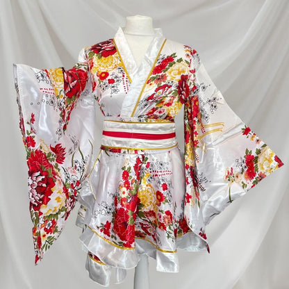 Japanese floral kimono Halloween costume with white socks and holding fan  Cos 3