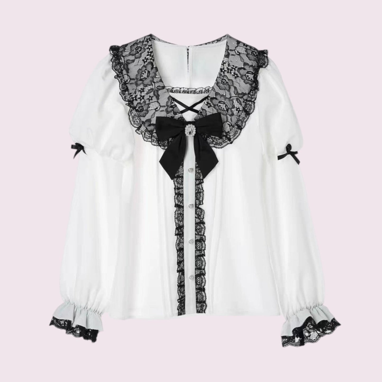 Noemie White Lace Blouse with Satin Bow & Pearl Button Details0