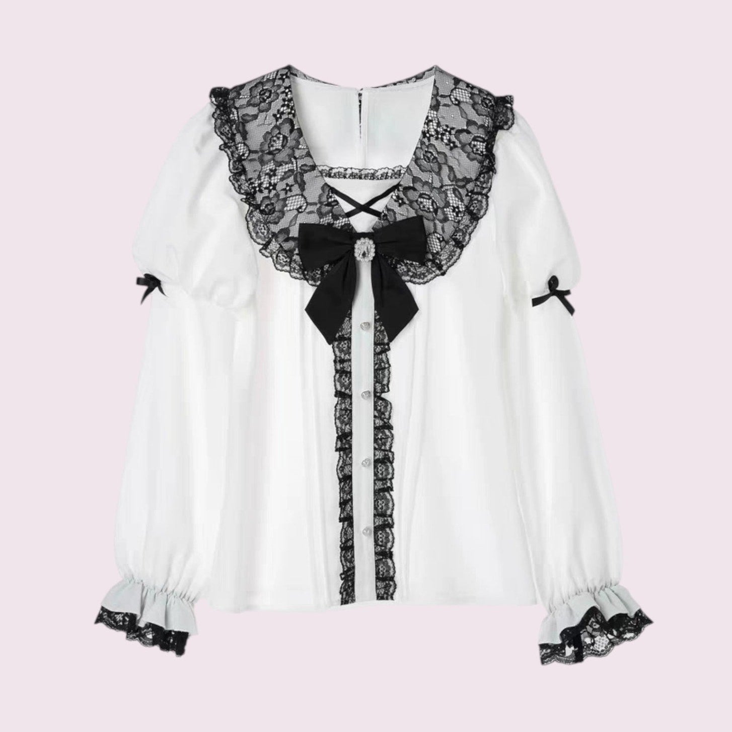 Noemie White Lace Blouse with Satin Bow & Pearl Button Details0