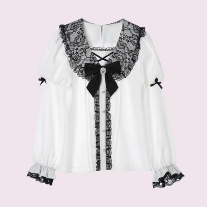 Noemie White Lace Blouse with Satin Bow & Pearl Button Details0