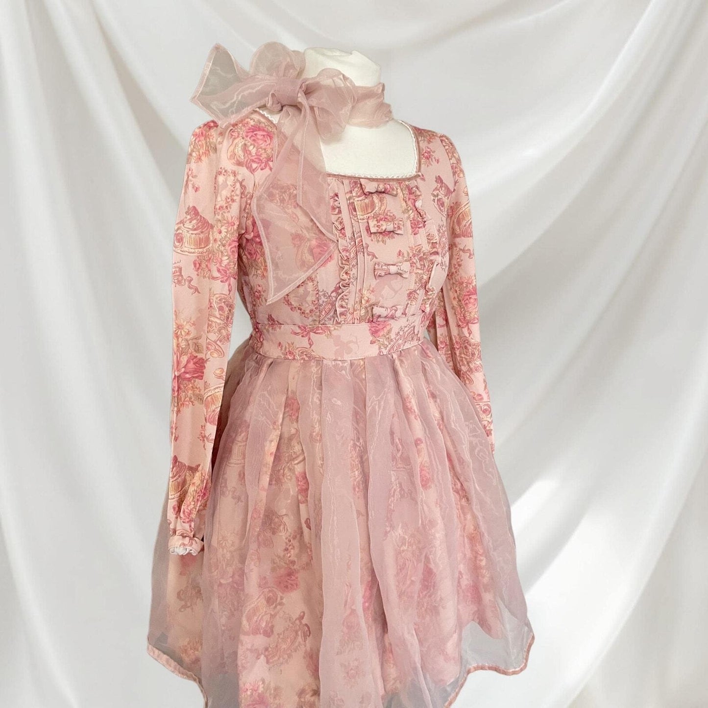 Pink floral chiffon dress with bow accent - elegant Lolita style by Liz Lisa1