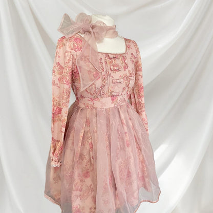 Pink floral chiffon dress with bow accent - elegant Lolita style by Liz Lisa1