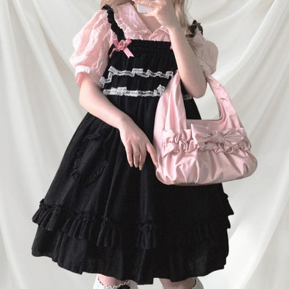 Black rose and lace cotton strap dress Jfashion kawaii light-lolita one size1