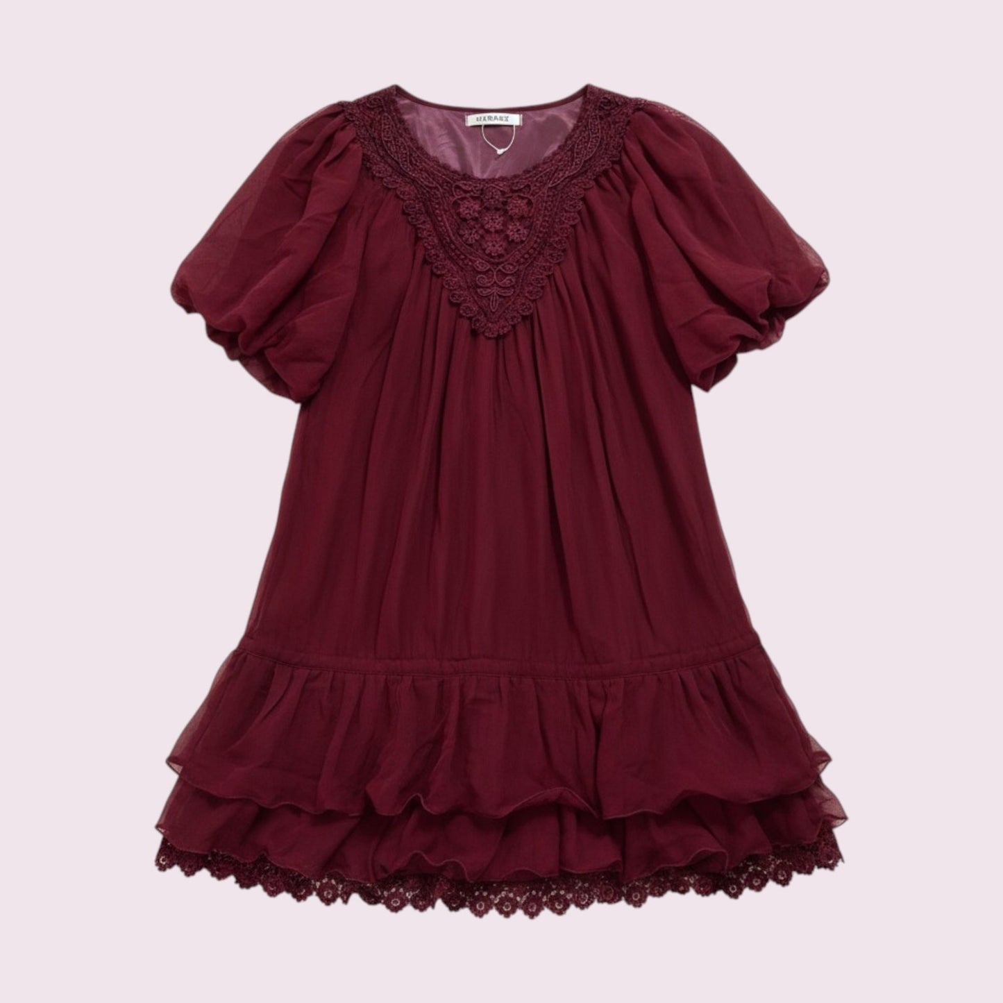 Japanese Vintage Wine Red Lace Dress – Elegant Romantic Style0