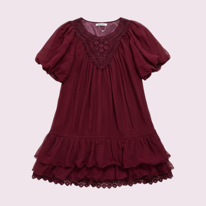 Japanese Vintage Wine Red Lace Dress – Elegant Romantic Style0