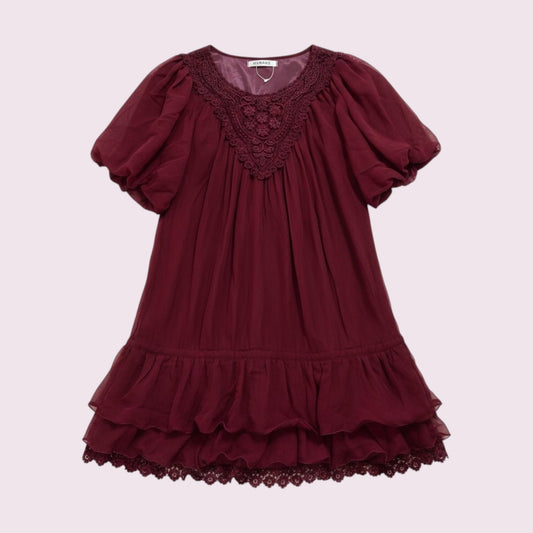 Japanese Vintage Wine Red Lace Dress – Elegant Romantic Style0