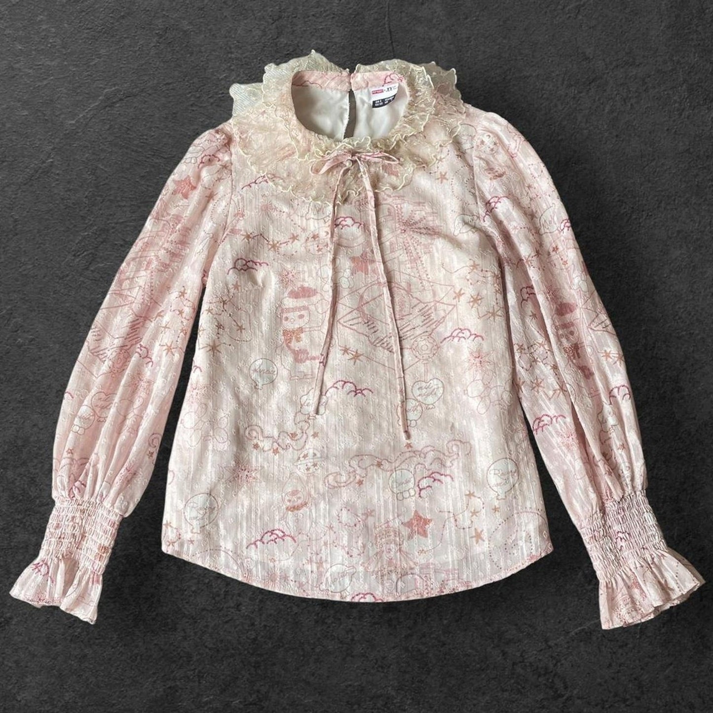 Pop Mart collab chiffon blouse with pastel fantasy print & lace collar0