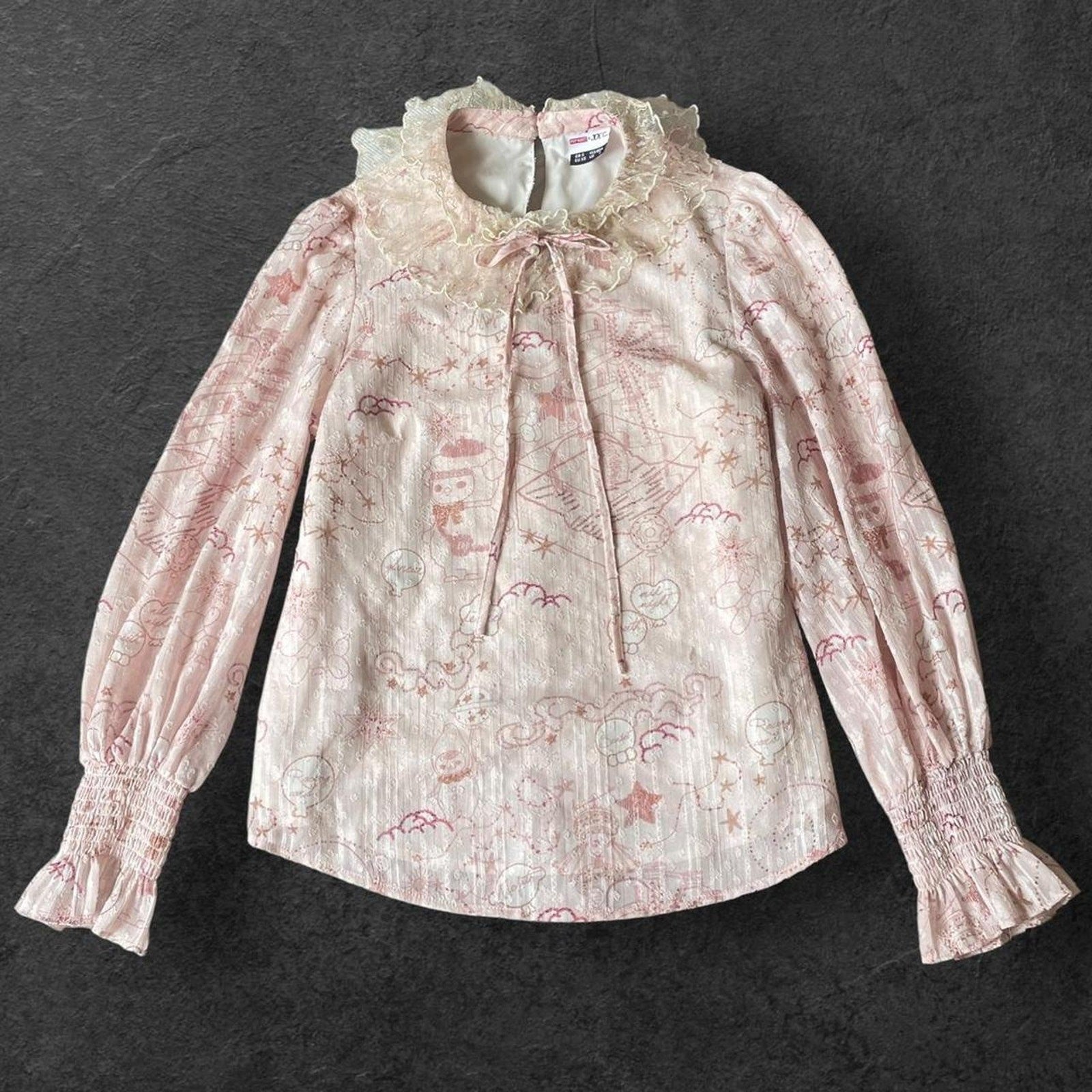 Pop Mart collab chiffon blouse with pastel fantasy print & lace collar0